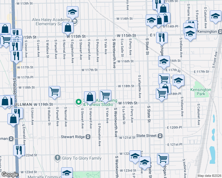 map of restaurants, bars, coffee shops, grocery stores, and more near 11827 South Yale Avenue in Chicago