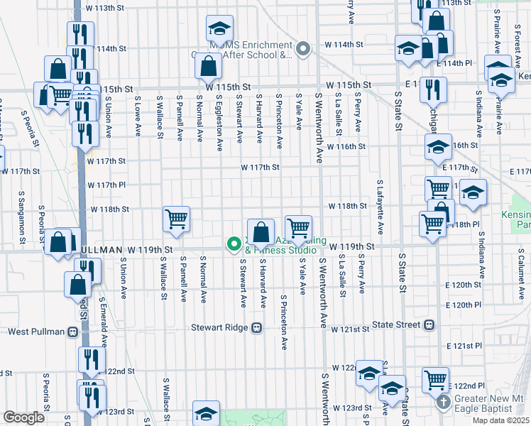 map of restaurants, bars, coffee shops, grocery stores, and more near 11820 South Harvard Avenue in Chicago