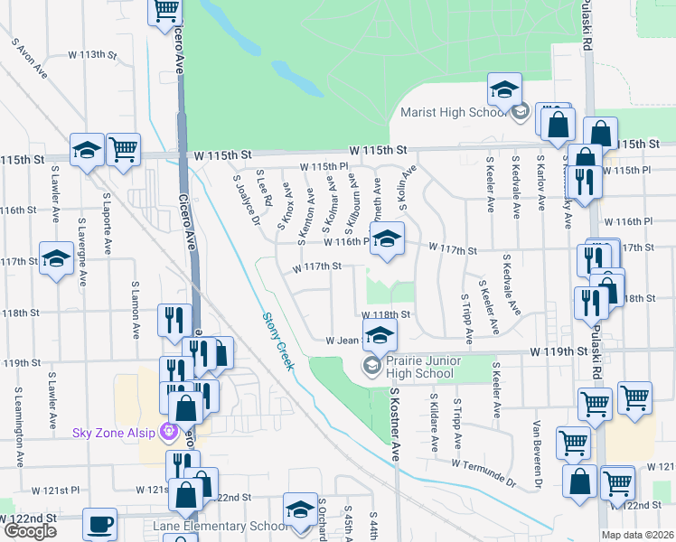 map of restaurants, bars, coffee shops, grocery stores, and more near 11711 South Rosemary Lane in Chicago