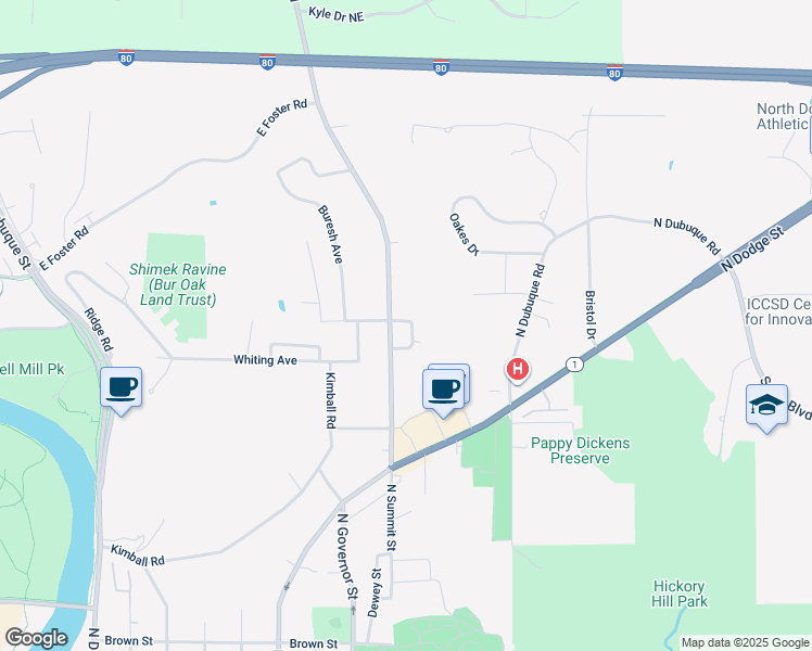 map of restaurants, bars, coffee shops, grocery stores, and more near 1316 Prairie Du Chien Rd in Iowa City