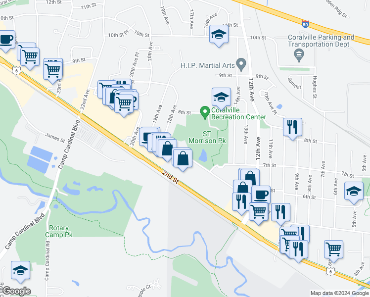 map of restaurants, bars, coffee shops, grocery stores, and more near 1755 5th Street in Coralville