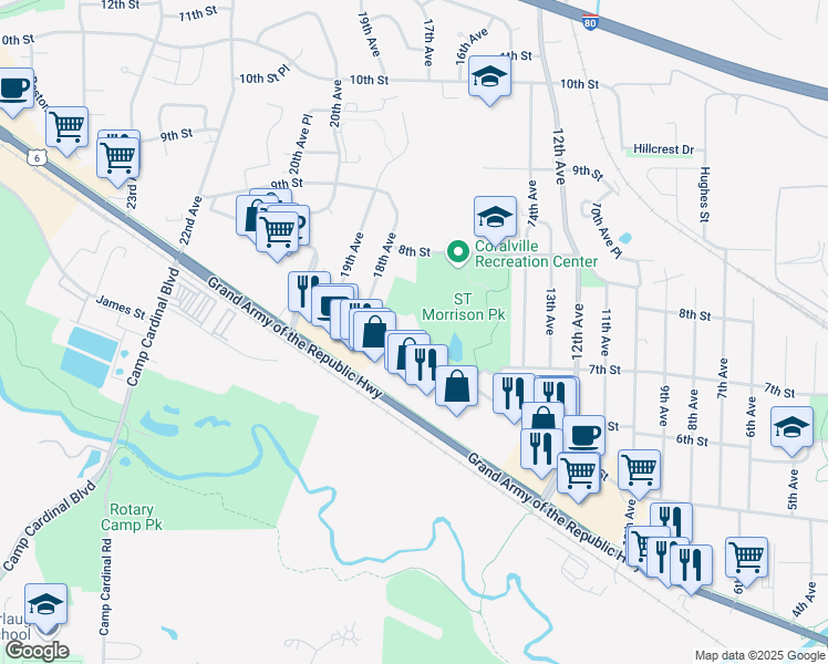 map of restaurants, bars, coffee shops, grocery stores, and more near 1755 5th Street in Coralville