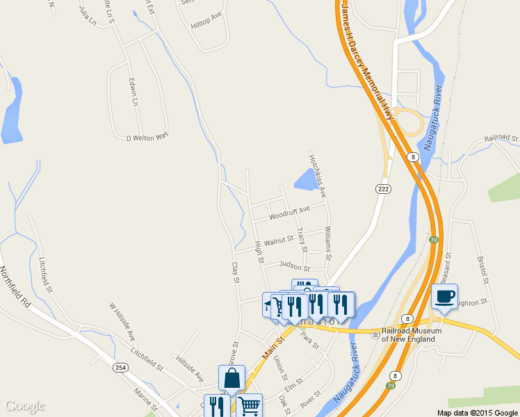 map of restaurants, bars, coffee shops, grocery stores, and more near 14 Bradstreet Avenue in Thomaston