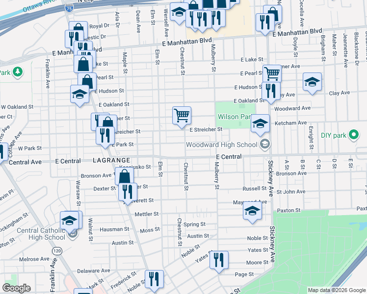 map of restaurants, bars, coffee shops, grocery stores, and more near 513 East Central Avenue in Toledo