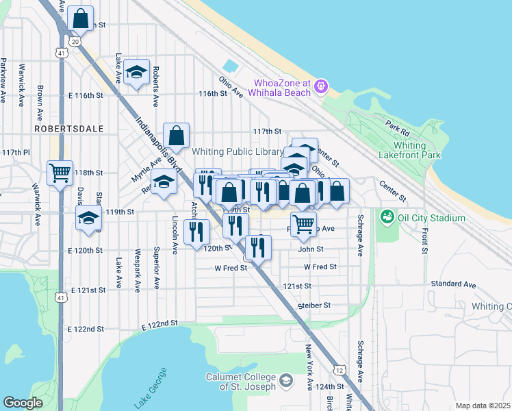 map of restaurants, bars, coffee shops, grocery stores, and more near 1335 119th Street in Whiting