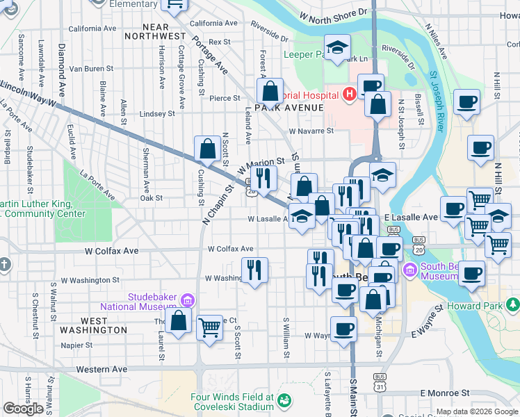map of restaurants, bars, coffee shops, grocery stores, and more near 505 West La Salle Avenue in South Bend