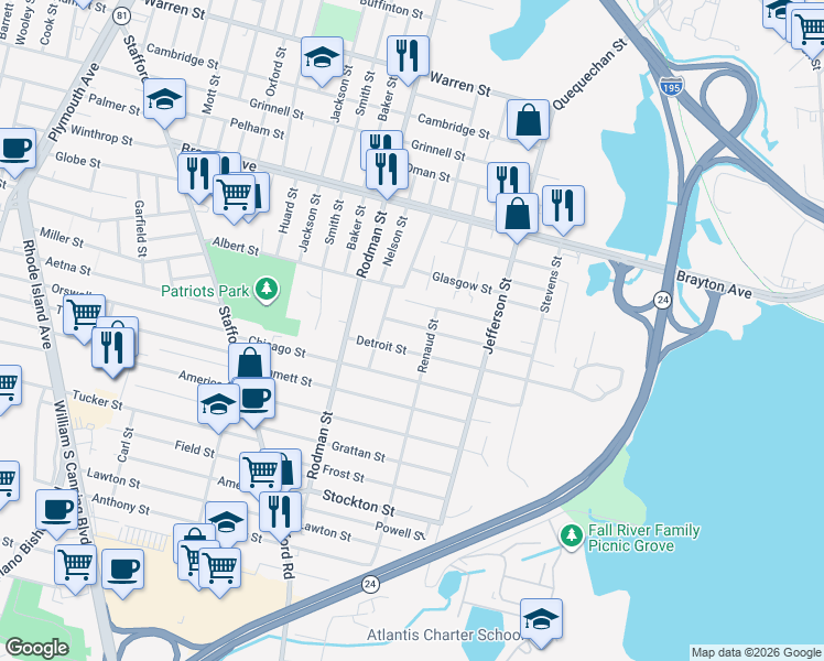 map of restaurants, bars, coffee shops, grocery stores, and more near 30 Detroit Street in Fall River