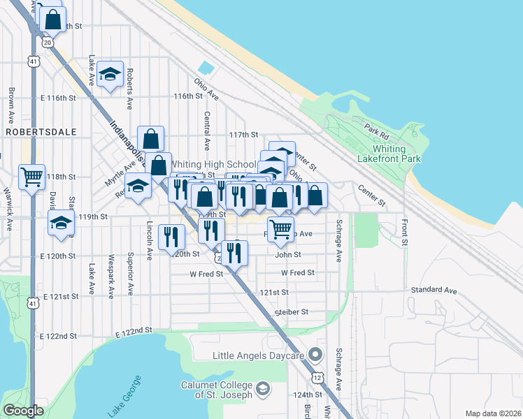 map of restaurants, bars, coffee shops, grocery stores, and more near 1406-1410 119th Street in Whiting