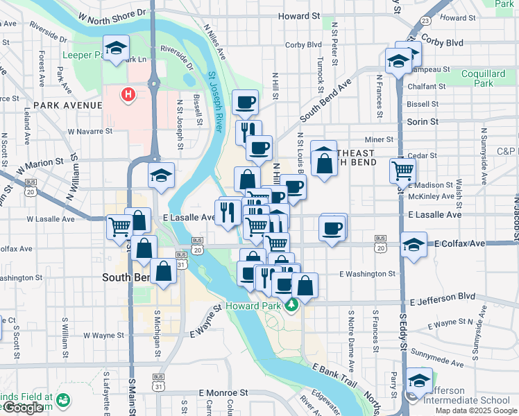 map of restaurants, bars, coffee shops, grocery stores, and more near 504 East Lasalle Avenue in South Bend