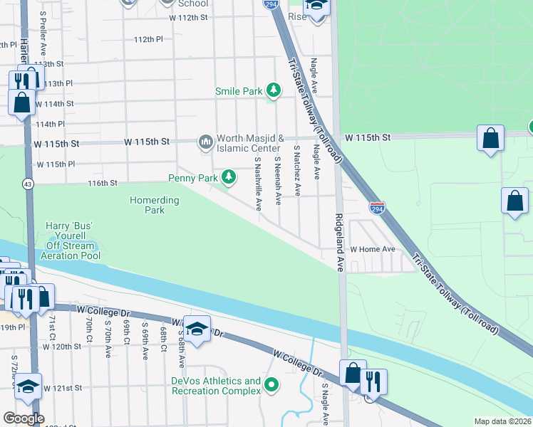 map of restaurants, bars, coffee shops, grocery stores, and more near 6549 West Home Avenue in Worth