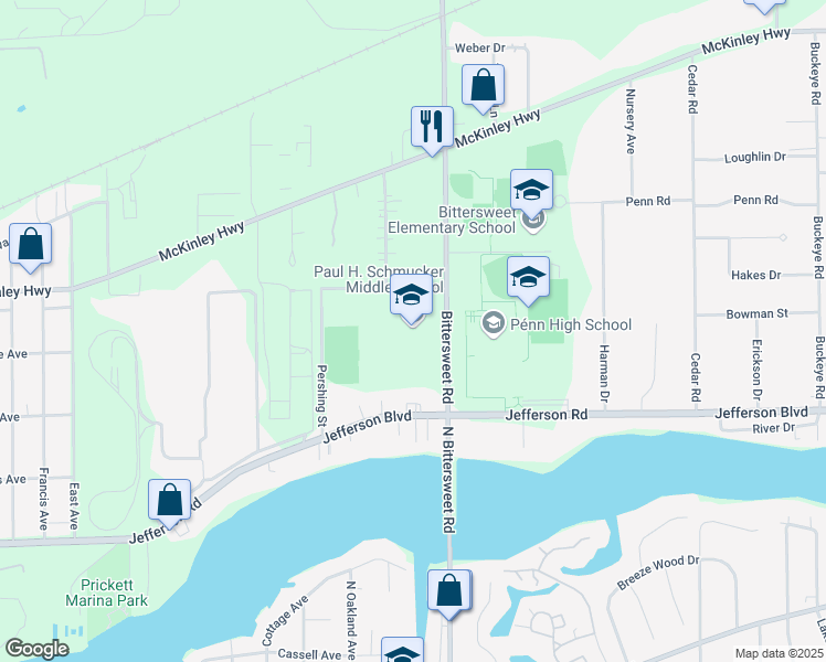 map of restaurants, bars, coffee shops, grocery stores, and more near 56045 Bittersweet Road in Mishawaka