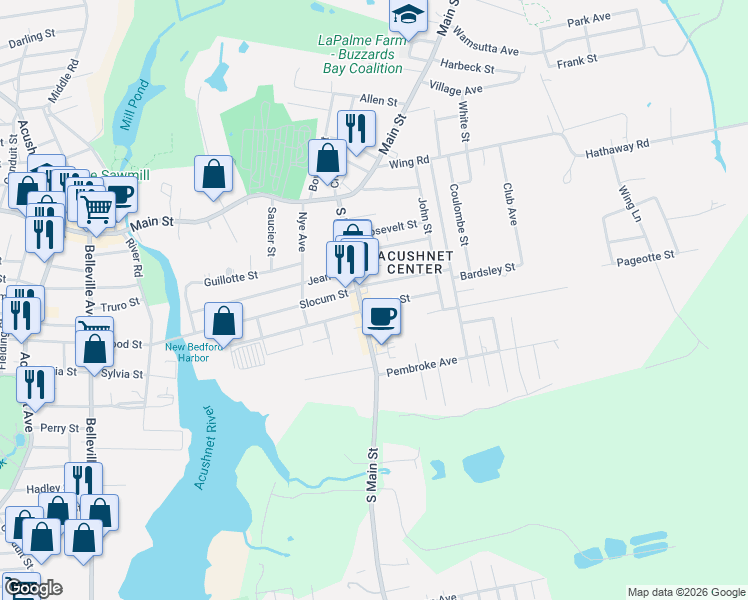 map of restaurants, bars, coffee shops, grocery stores, and more near 7 Cushman Street in Acushnet