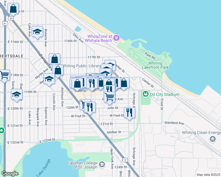 map of restaurants, bars, coffee shops, grocery stores, and more near 1449 119th Street in Whiting