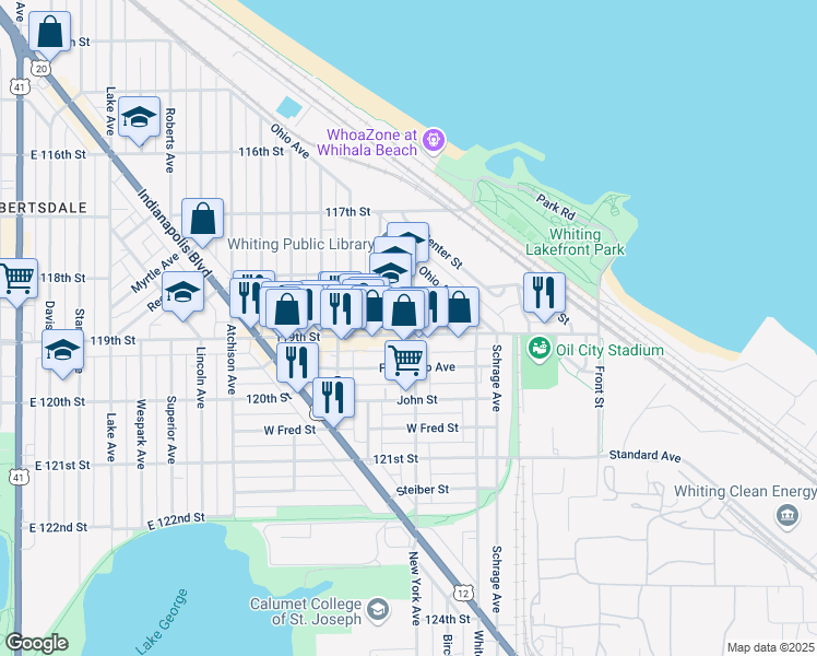 map of restaurants, bars, coffee shops, grocery stores, and more near 1449 119th Street in Whiting