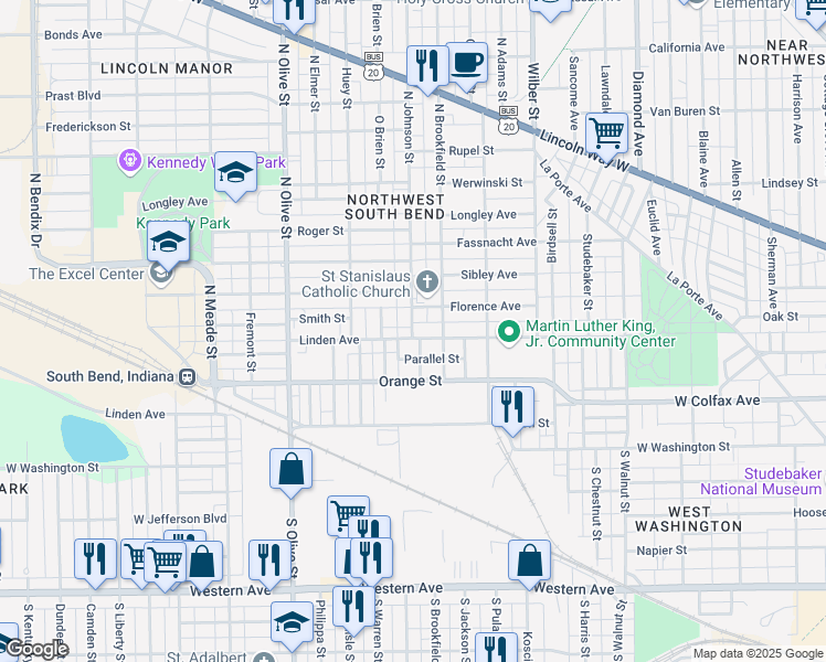 map of restaurants, bars, coffee shops, grocery stores, and more near 324 North Johnson Street in South Bend