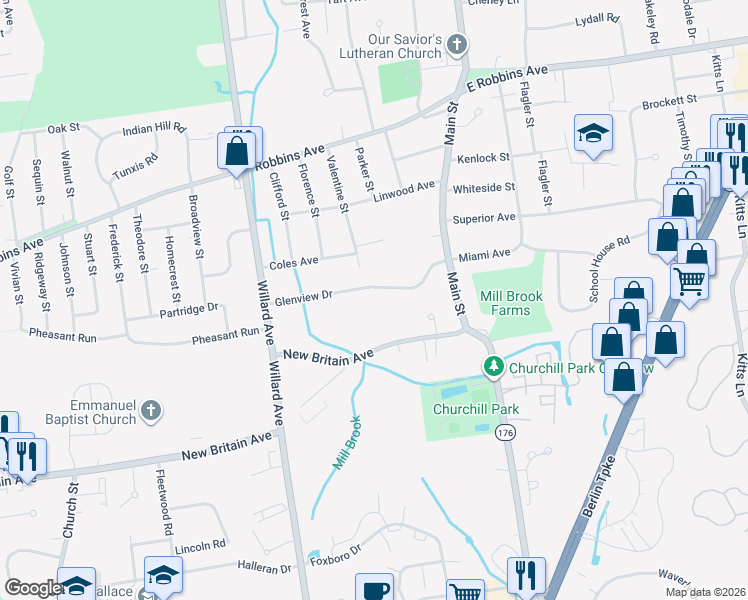 map of restaurants, bars, coffee shops, grocery stores, and more near 66 New Britain Avenue in Newington