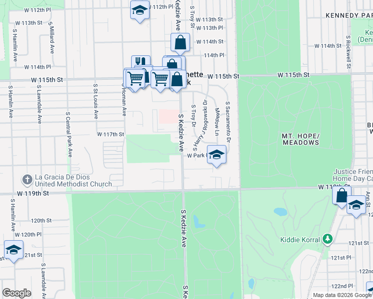 map of restaurants, bars, coffee shops, grocery stores, and more near 11750 South Kedzie Avenue in Merrionette Park