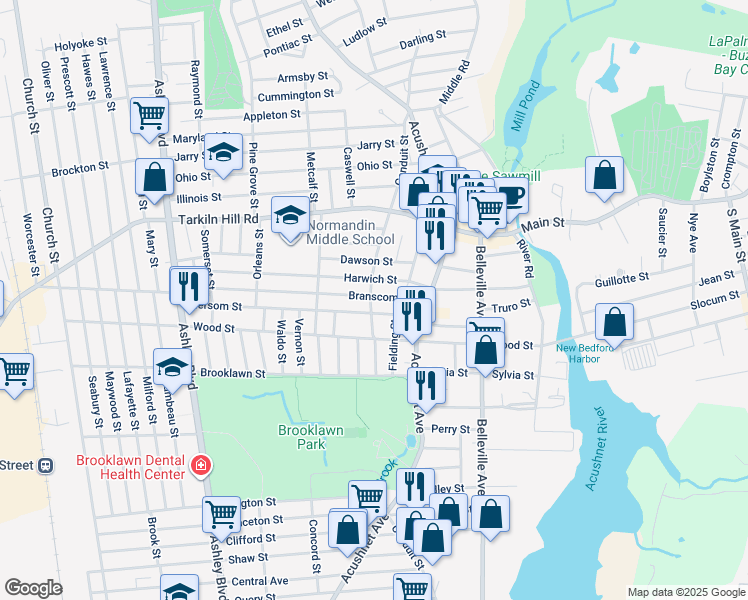 map of restaurants, bars, coffee shops, grocery stores, and more near 196 Hersom Street in New Bedford