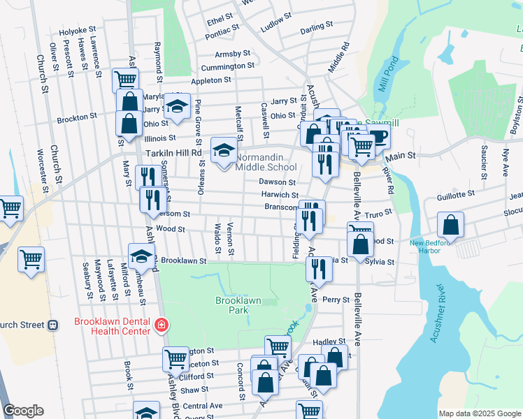 map of restaurants, bars, coffee shops, grocery stores, and more near 234-236 Hersom Street in New Bedford