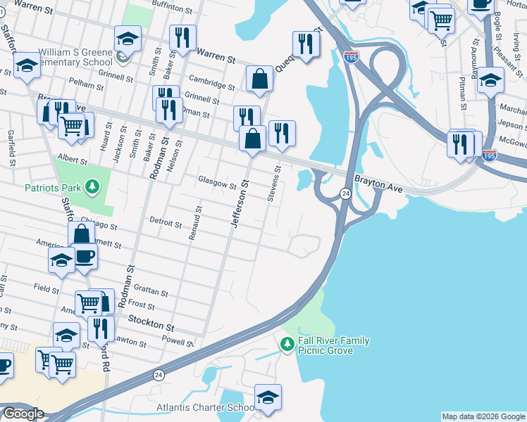 map of restaurants, bars, coffee shops, grocery stores, and more near 57 Abington Lane in Fall River