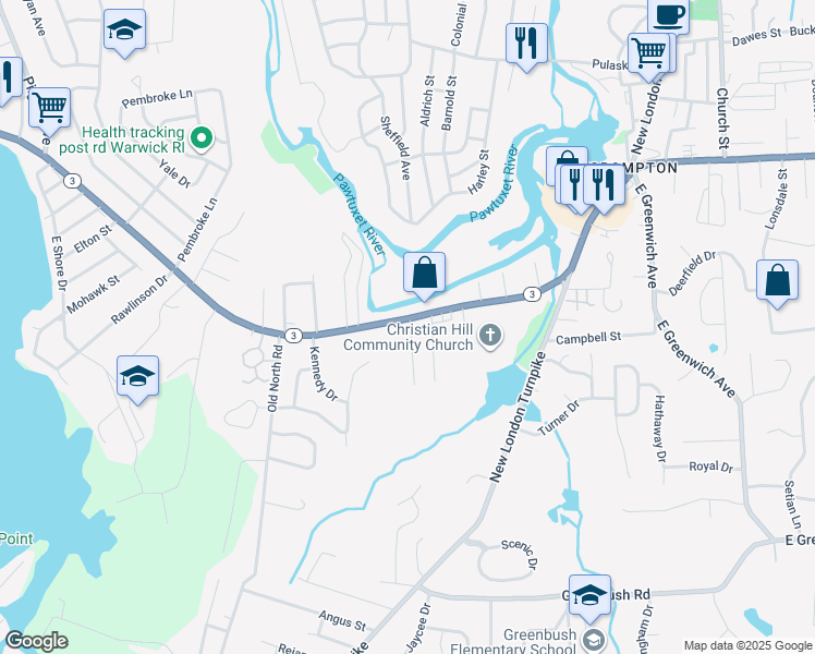 map of restaurants, bars, coffee shops, grocery stores, and more near 9 Field Avenue in West Warwick