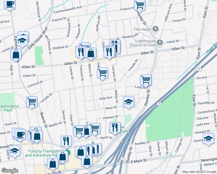 map of restaurants, bars, coffee shops, grocery stores, and more near 39 Acorn Street in New Britain