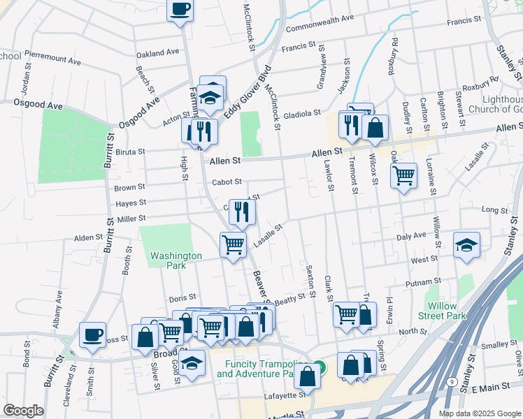 map of restaurants, bars, coffee shops, grocery stores, and more near 29 Curtin Street in New Britain