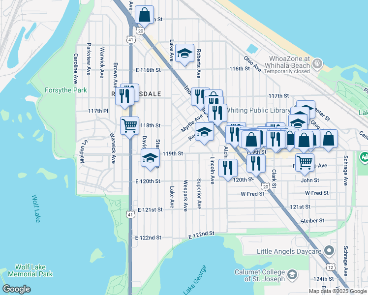 map of restaurants, bars, coffee shops, grocery stores, and more near 950 119th St in Whiting