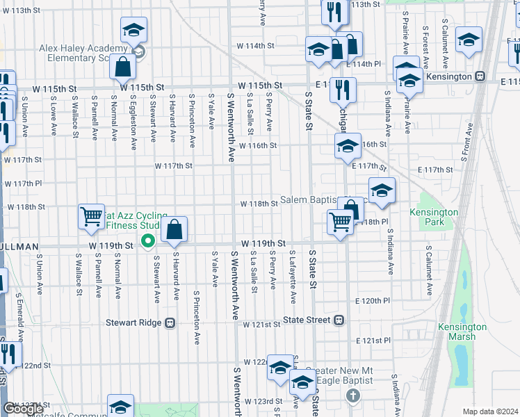 map of restaurants, bars, coffee shops, grocery stores, and more near 11824 South Perry Avenue in Chicago