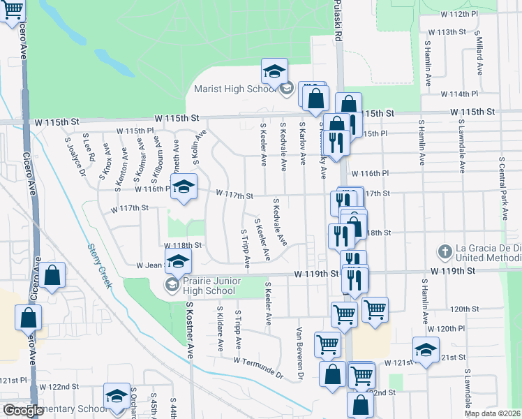 map of restaurants, bars, coffee shops, grocery stores, and more near 11728 South Kedvale Avenue in Alsip