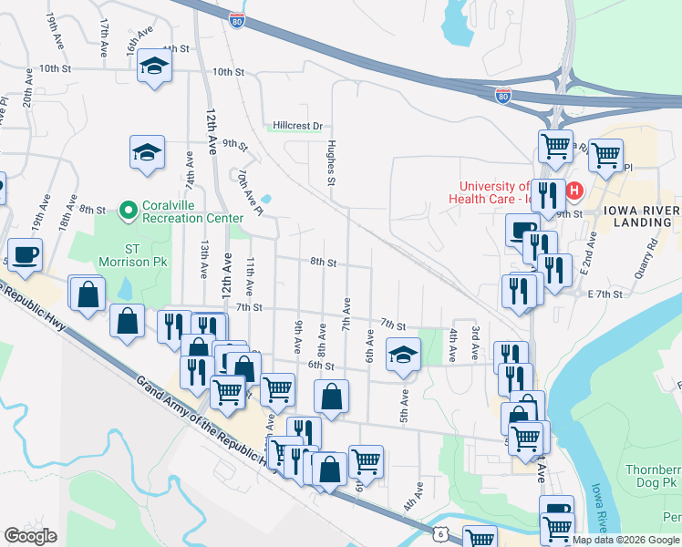 map of restaurants, bars, coffee shops, grocery stores, and more near 710 7th Avenue in Coralville