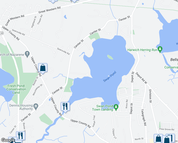 map of restaurants, bars, coffee shops, grocery stores, and more near 53 Cedar Lane in Dennis