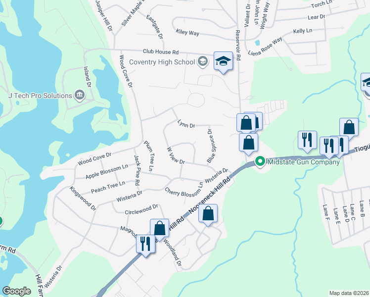 map of restaurants, bars, coffee shops, grocery stores, and more near 2 Winterberry Drive in Coventry