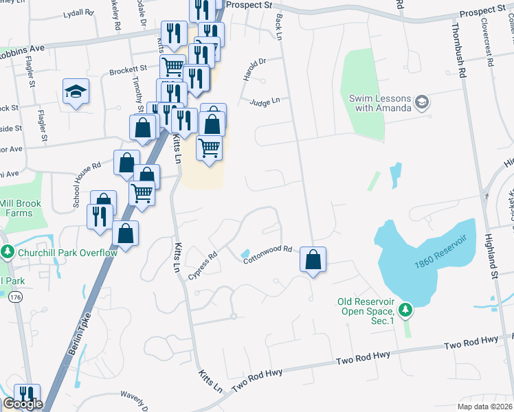 map of restaurants, bars, coffee shops, grocery stores, and more near 405 Cypress Road in Newington
