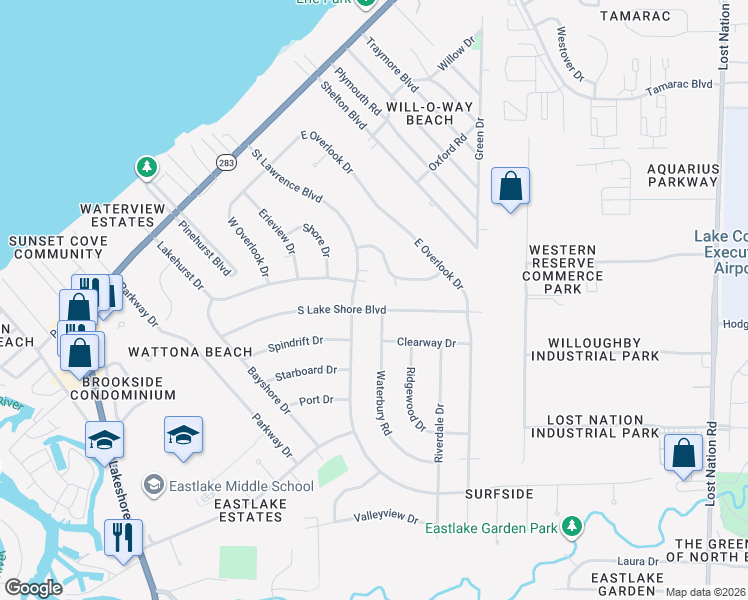 map of restaurants, bars, coffee shops, grocery stores, and more near 36928 South Lake Shore Boulevard in Eastlake