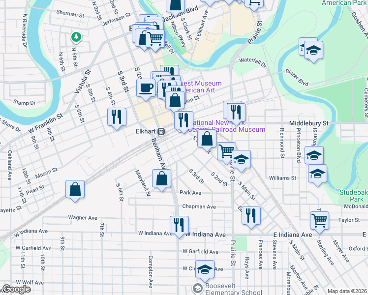 map of restaurants, bars, coffee shops, grocery stores, and more near 201-225 Dr Martin Luther King Jr Dr in Elkhart