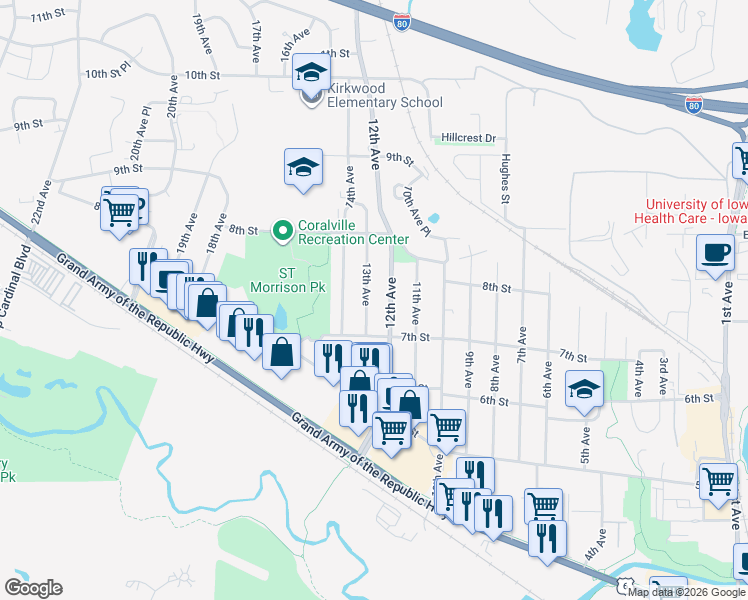 map of restaurants, bars, coffee shops, grocery stores, and more near in Coralville