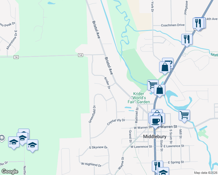 map of restaurants, bars, coffee shops, grocery stores, and more near 129 Krider Drive in Middlebury