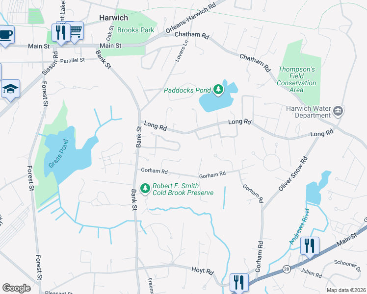 map of restaurants, bars, coffee shops, grocery stores, and more near 30 Leslie Lane in Harwich