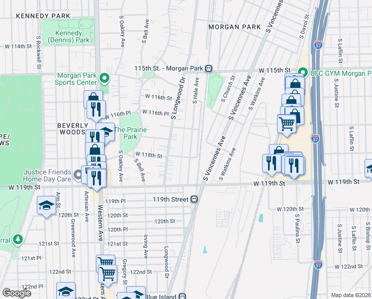 map of restaurants, bars, coffee shops, grocery stores, and more near 11802 South Hale Avenue in Chicago