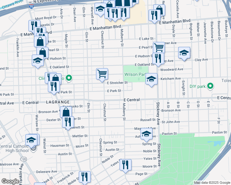 map of restaurants, bars, coffee shops, grocery stores, and more near 540 East Park Street in Toledo