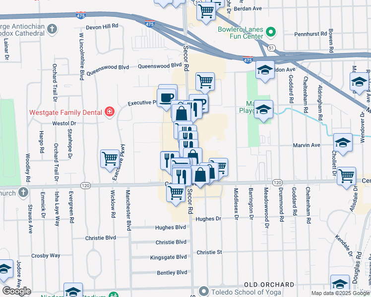 map of restaurants, bars, coffee shops, grocery stores, and more near 3205 Secor Rd in Toledo