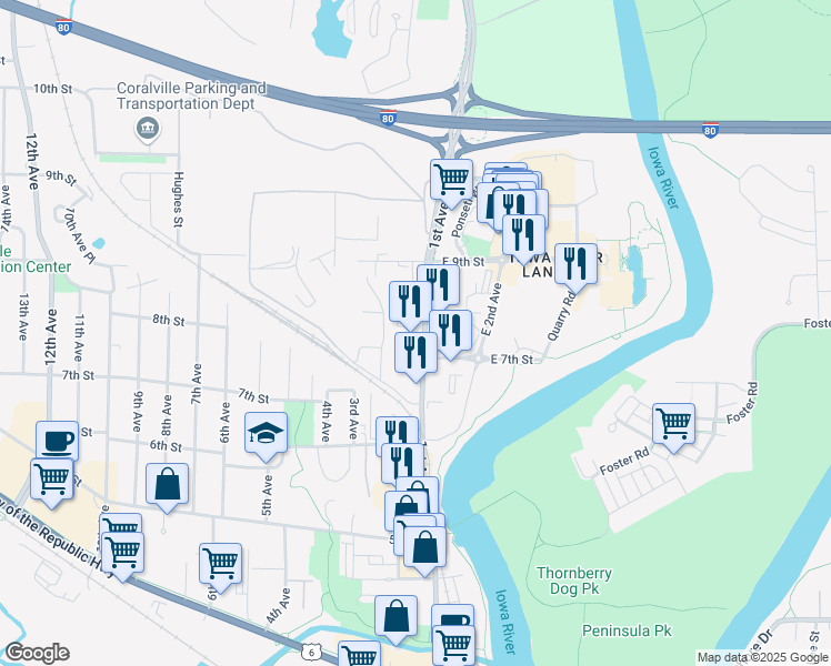 map of restaurants, bars, coffee shops, grocery stores, and more near 110 East 7th Street in Coralville