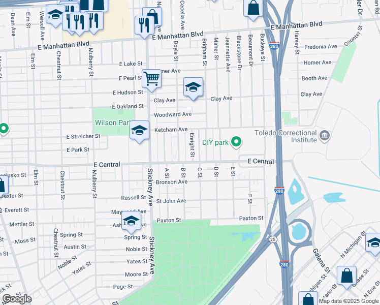 map of restaurants, bars, coffee shops, grocery stores, and more near 3119 Enright Street in Toledo