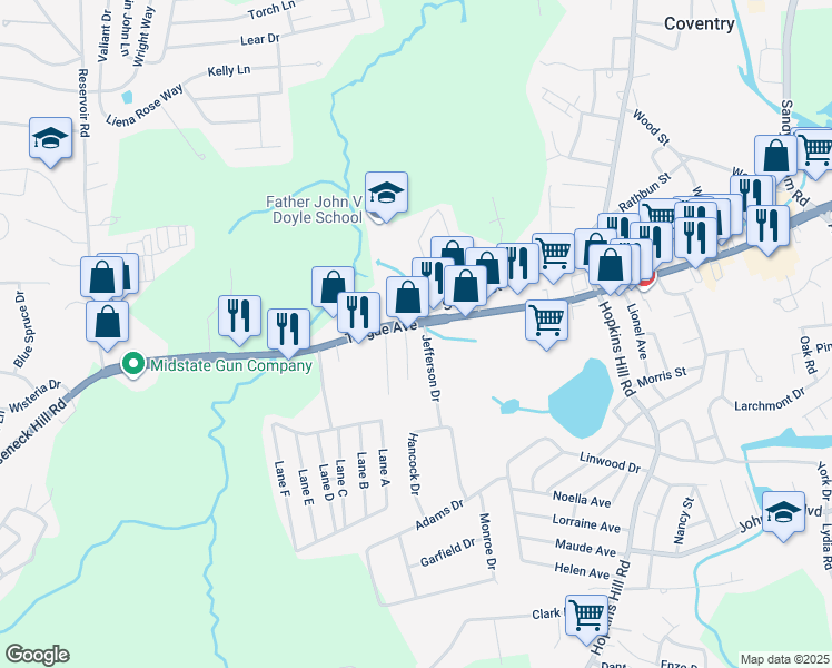 map of restaurants, bars, coffee shops, grocery stores, and more near 1012 Tiogue Avenue in Coventry