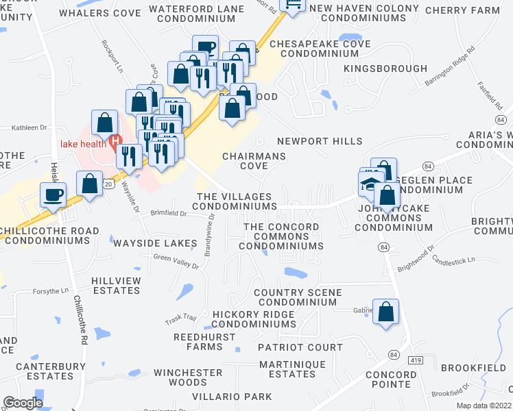 map of restaurants, bars, coffee shops, grocery stores, and more near 6900 Chairman's Court in Mentor