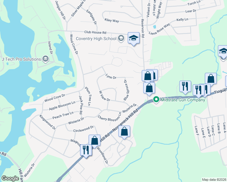 map of restaurants, bars, coffee shops, grocery stores, and more near 2 Winterberry Drive in Coventry
