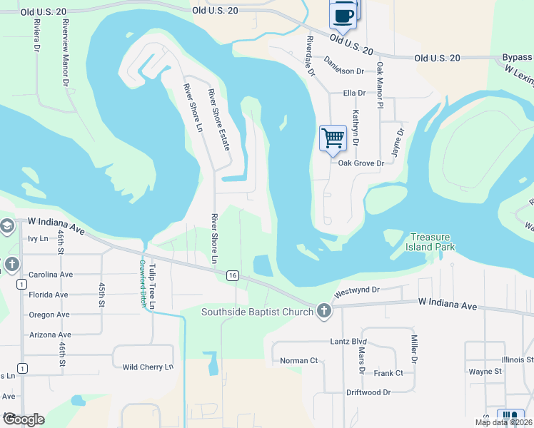 map of restaurants, bars, coffee shops, grocery stores, and more near 56072 River Heights in Elkhart