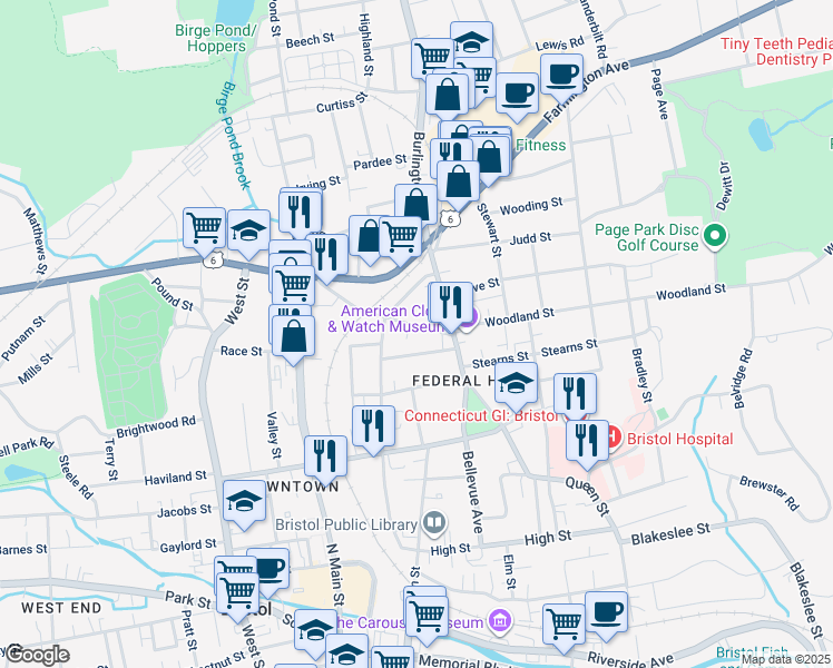 map of restaurants, bars, coffee shops, grocery stores, and more near 128 Federal Street in Bristol