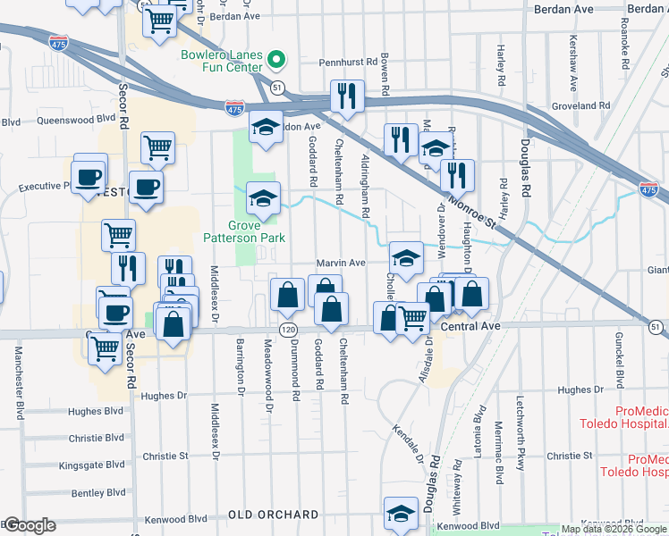 map of restaurants, bars, coffee shops, grocery stores, and more near 3151 Cheltenham Road in Toledo